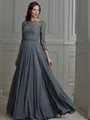 A-line Bateau 3/4 Sleeves Floor-Length Chiffon Graceful Mother of the Bride Dress
