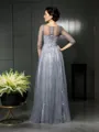 A-line Stylish Scoop 1/2 Sleeves Floor-Length Satin Mother of the Bride Dress With Lace