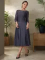 A-line Scoop 3/4 Sleeves Tea-Length Flattering Chiffon Mother of the Bride Dress