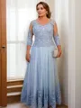 Glamorous A-line Scoop 3/4 Sleeves Floor-Length Tulle Mother of the Bride Dress