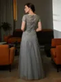 A-line Scoop Tasteful Short Sleeves Floor-Length Tulle Mother of the Bride Dress