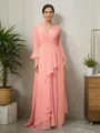 A-line V-Neck Long Sleeves Sweep Train Chiffon Flattering Mother of the Bride Dress