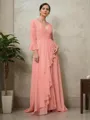 A-line V-Neck Long Sleeves Sweep Train Chiffon Flattering Mother of the Bride Dress