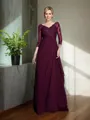 A-line V-Neck Understated 3/4 Sleeves Floor-Length Chiffon Mother of the Bride Dress With Beading