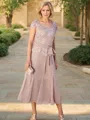 A-line Scoop Short Sleeves Tea-Length Gorgeous Chiffon Mother of the Bride Dress