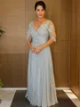 A-line V-Neck 1/2 Sleeves Understated Floor-Length Chiffon Mother of the Bride Dress With Applique