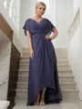 A-line V-Neck Short Sleeves Polished Asymmetrical Chiffon Mother of the Bride Dress