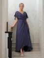 A-line V-Neck Short Sleeves Polished Asymmetrical Chiffon Mother of the Bride Dress