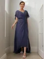 A-line V-Neck Short Sleeves Polished Asymmetrical Chiffon Mother of the Bride Dress