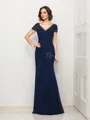 Trumpet/Mermaid V-Neck Short Sleeves Floor-Length Chiffon Unique Mother of the Bride Dress With Beading