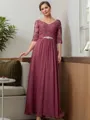 A-line V-Neck 3/4 Sleeves Floor-Length Chiffon Refined Mother of the Bride Dress