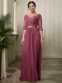 A-line V-Neck 3/4 Sleeves Floor-Length Chiffon Refined Mother of the Bride Dress
