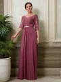 A-line V-Neck 3/4 Sleeves Floor-Length Chiffon Refined Mother of the Bride Dress
