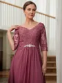 A-line V-Neck 3/4 Sleeves Floor-Length Chiffon Refined Mother of the Bride Dress