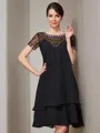 A-line Noble Scoop Short Sleeves Knee-Length Chiffon Mother of the Bride Dress With Beading