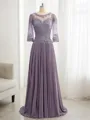 A-line Scoop 3/4 Sleeves Sweep Train Polished Chiffon Mother of the Bride Dress