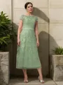 A-line Charming Scoop Short Sleeves Tea-Length Tulle Mother of the Bride Dress