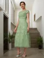 A-line Charming Scoop Short Sleeves Tea-Length Tulle Mother of the Bride Dress