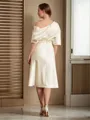 A-line Off-the-Shoulder 1/2 Sleeves Statuesque Tea-Length Charmeuse Mother of the Bride Dress