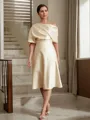 A-line Off-the-Shoulder 1/2 Sleeves Statuesque Tea-Length Charmeuse Mother of the Bride Dress