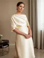 A-line Off-the-Shoulder 1/2 Sleeves Statuesque Tea-Length Charmeuse Mother of the Bride Dress