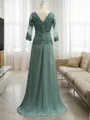 A-line Scoop 3/4 Sleeves Sweep Train Chiffon Stylish Mother of the Bride Dress