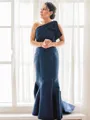 Sheath/Column One-Shoulder Sleeveless Flattering Sweep Train Satin Mother of the Bride Dress