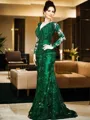 Tasteful Sheath/Column V-Neck Long Sleeves Sweep Train Tulle Mother of the Bride Dress