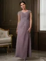 Sheath/Column V-Neck Short Sleeves Elegant Floor-Length Chiffon Mother of the Bride Dress