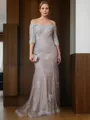 Sheath/Column Off-the-Shoulder Immaculate 3/4 Sleeves Sweep Train Lace Mother of the Bride Dress