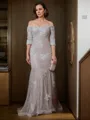 Sheath/Column Off-the-Shoulder Immaculate 3/4 Sleeves Sweep Train Lace Mother of the Bride Dress
