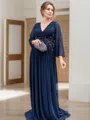 A-line V-Neck Long Sleeves Unique Sweep Train Chiffon Mother of the Bride Dress