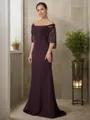 Sheath/Column Square 1/2 Sleeves Refined Sweep Train Stretch Crepe Mother of the Bride Dress