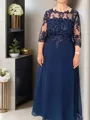 A-line Scoop 3/4 Sleeves Floor-Length Flattering Chiffon Mother of the Bride Dress