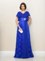 Glamorous A-line V-Neck Short Sleeves Sweep Train Chiffon Mother of the Bride Dress With Applique