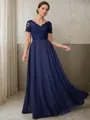 A-line V-Neck Short Sleeves Radiant Floor-Length Chiffon Mother of the Bride Dress