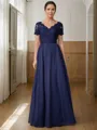 A-line V-Neck Short Sleeves Radiant Floor-Length Chiffon Mother of the Bride Dress