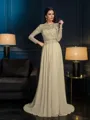 A-line Scoop Long Sleeves Sweep Train Unique Chiffon Mother of the Bride Dress With Beading