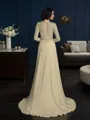 A-line Scoop Long Sleeves Sweep Train Unique Chiffon Mother of the Bride Dress With Beading