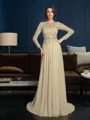 A-line Scoop Long Sleeves Sweep Train Unique Chiffon Mother of the Bride Dress With Beading