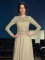 A-line Scoop Long Sleeves Sweep Train Unique Chiffon Mother of the Bride Dress With Beading