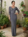 Sheath/Column V-Neck 3/4 Sleeves Floor-Length Jersey Flattering Mother of the Bride Dress
