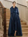 A-line V-Neck Graceful Long Sleeves Asymmetrical Satin Mother of the Bride Dresses