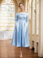 A-line Off-the-Shoulder Tasteful Long Sleeves Tea-Length Silk like Satin Mother of the Bride Dresses