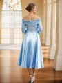 A-line Off-the-Shoulder Tasteful Long Sleeves Tea-Length Silk like Satin Mother of the Bride Dresses
