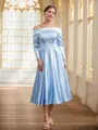 A-line Off-the-Shoulder Tasteful Long Sleeves Tea-Length Silk like Satin Mother of the Bride Dresses