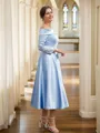 A-line Off-the-Shoulder Tasteful Long Sleeves Tea-Length Silk like Satin Mother of the Bride Dresses