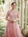 A-line Bateau Radiant Short Sleeves Floor-Length Tulle Mother of the Bride Dresses