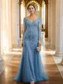 Sheath/Column V-Neck Impeccable Long Sleeves Sweep Train Tulle Mother of the Bride Dresses