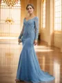 Sheath/Column V-Neck Impeccable Long Sleeves Sweep Train Tulle Mother of the Bride Dresses